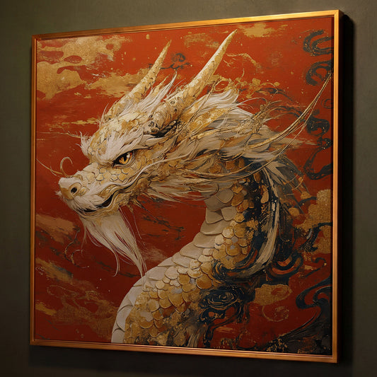 Golden Dragon Abstract Canvas Print shown in antique gold floating frame