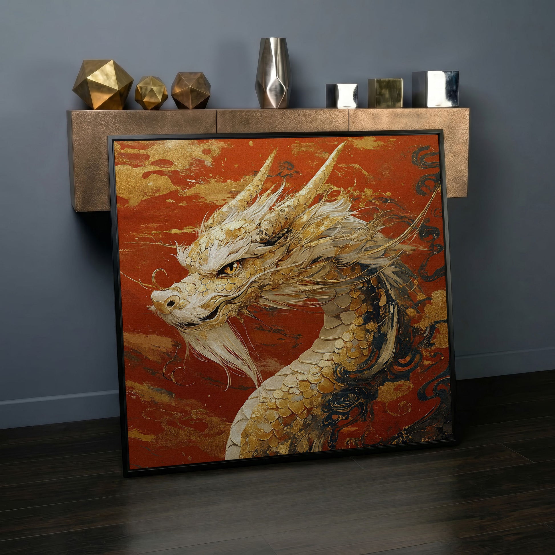 Golden Dragon Abstract Canvas Print in black floating frame
