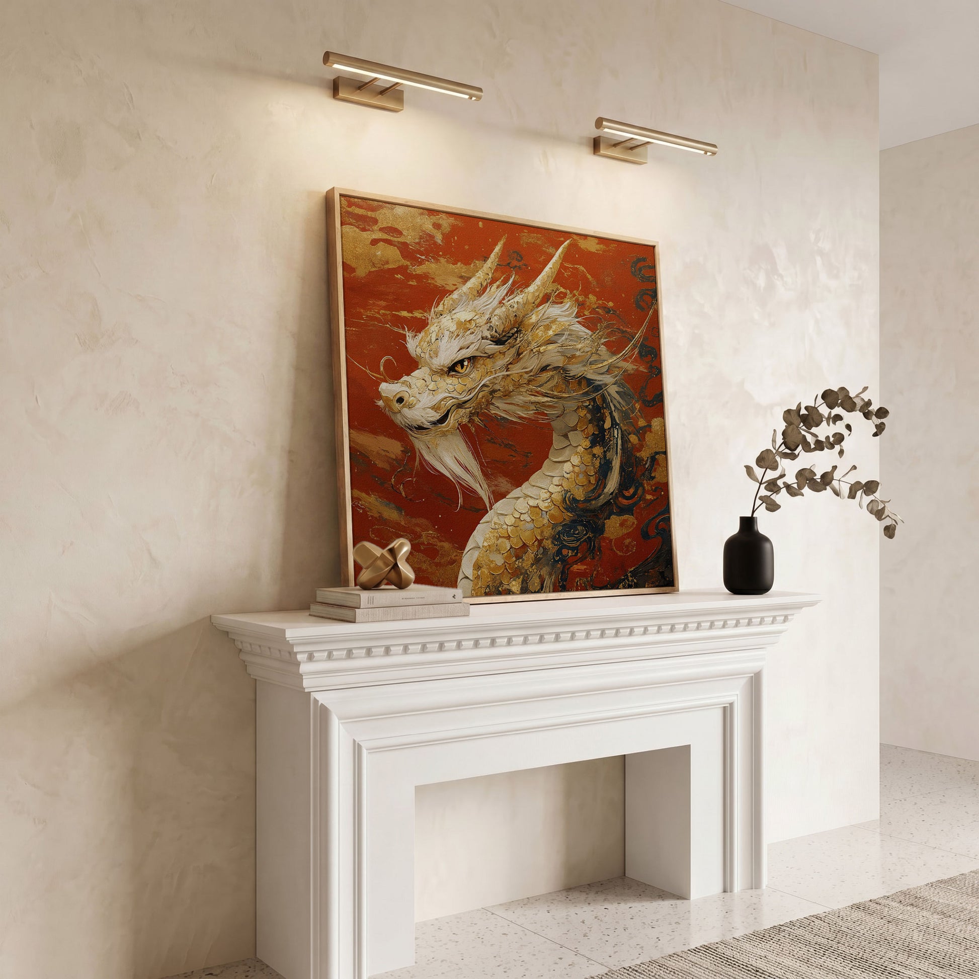 Golden Dragon Abstract Canvas Print in white oak floating frame