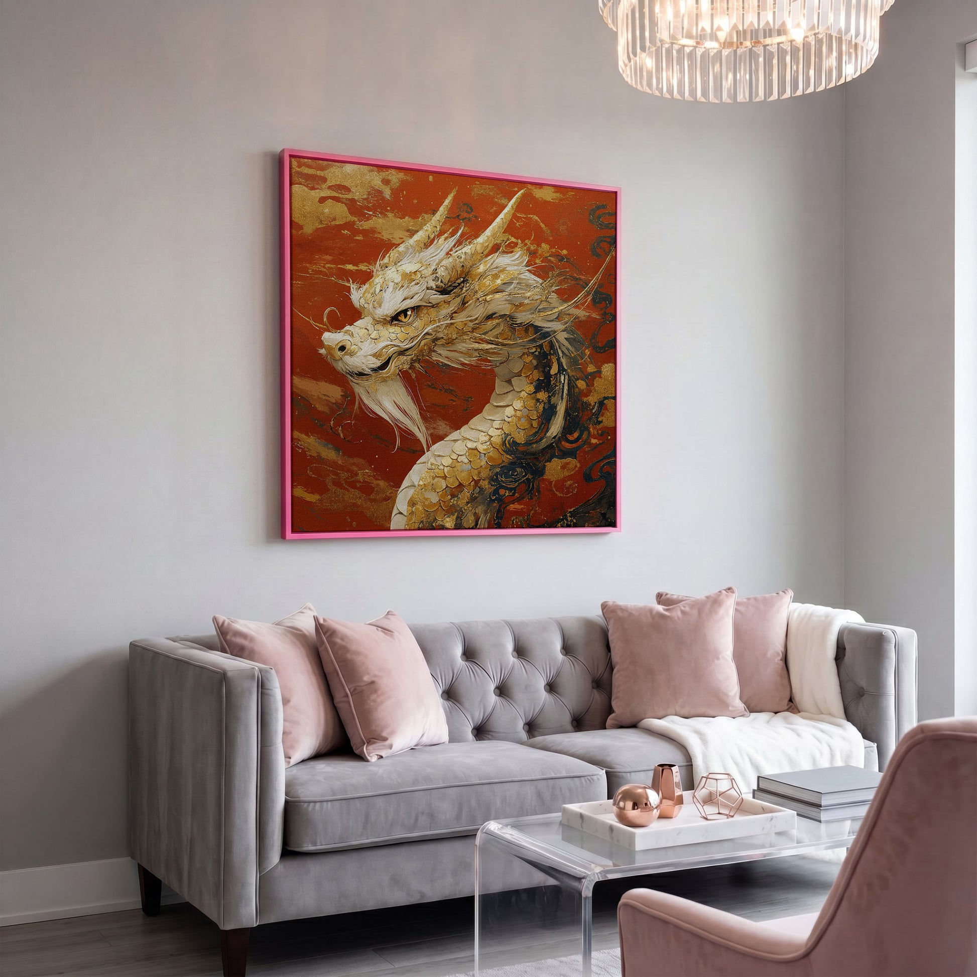 Golden Dragon Abstract Canvas Print in pink floating frame