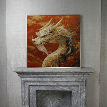 Golden Dragon Abstract Canvas Print in silver floating frame