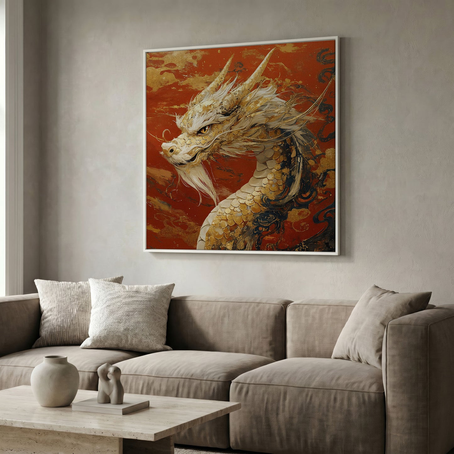Golden Dragon Abstract Canvas Print in white floating frame