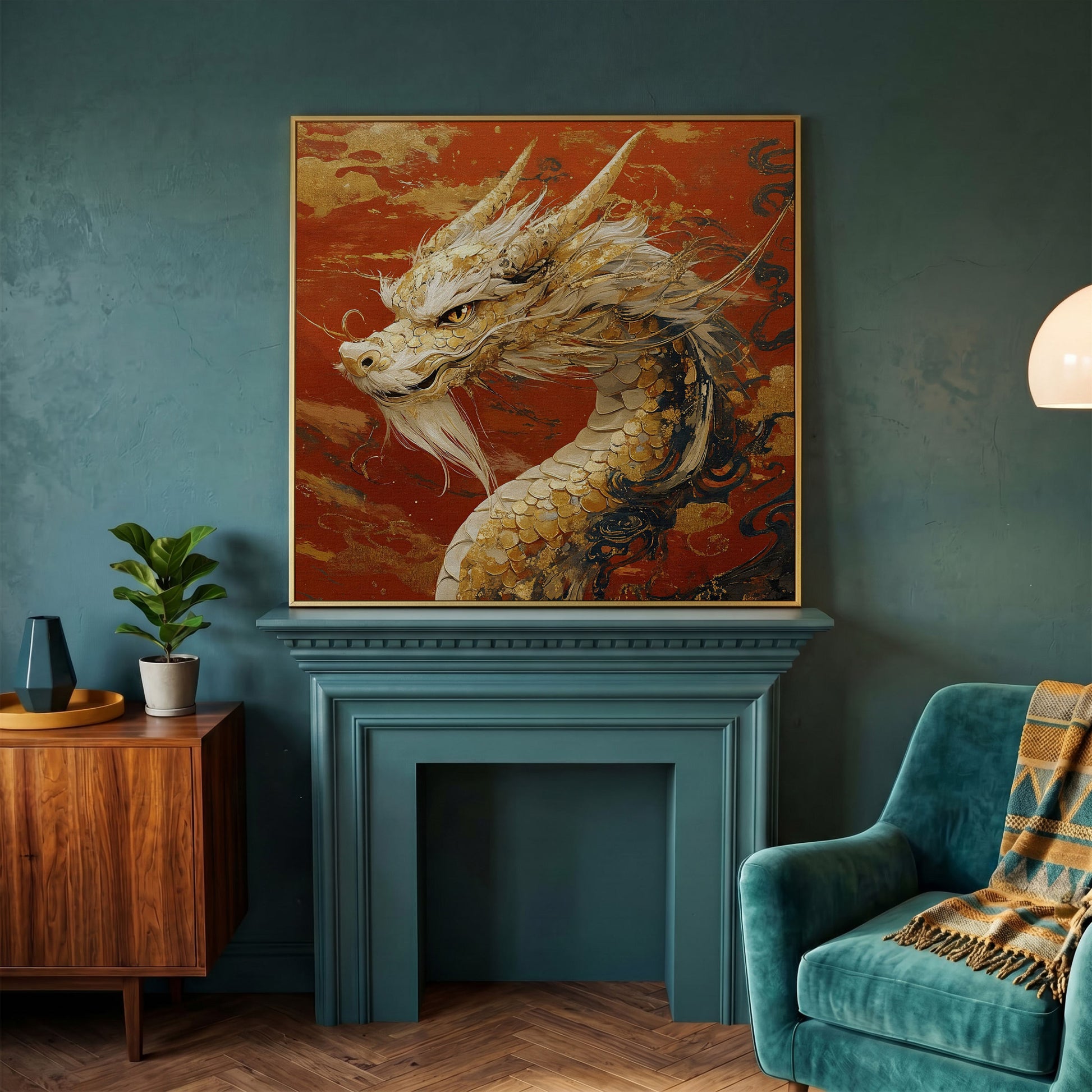 Golden Dragon Abstract Canvas Print in yellow gold floating frame