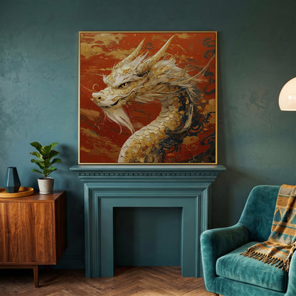 Golden Dragon Abstract Canvas Print in yellow gold floating frame