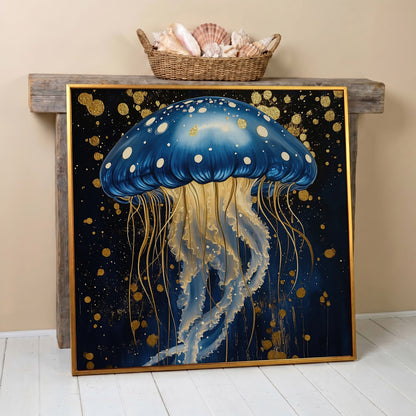 Blue and Gold Jellyfish Canvas in antique gold floating frame