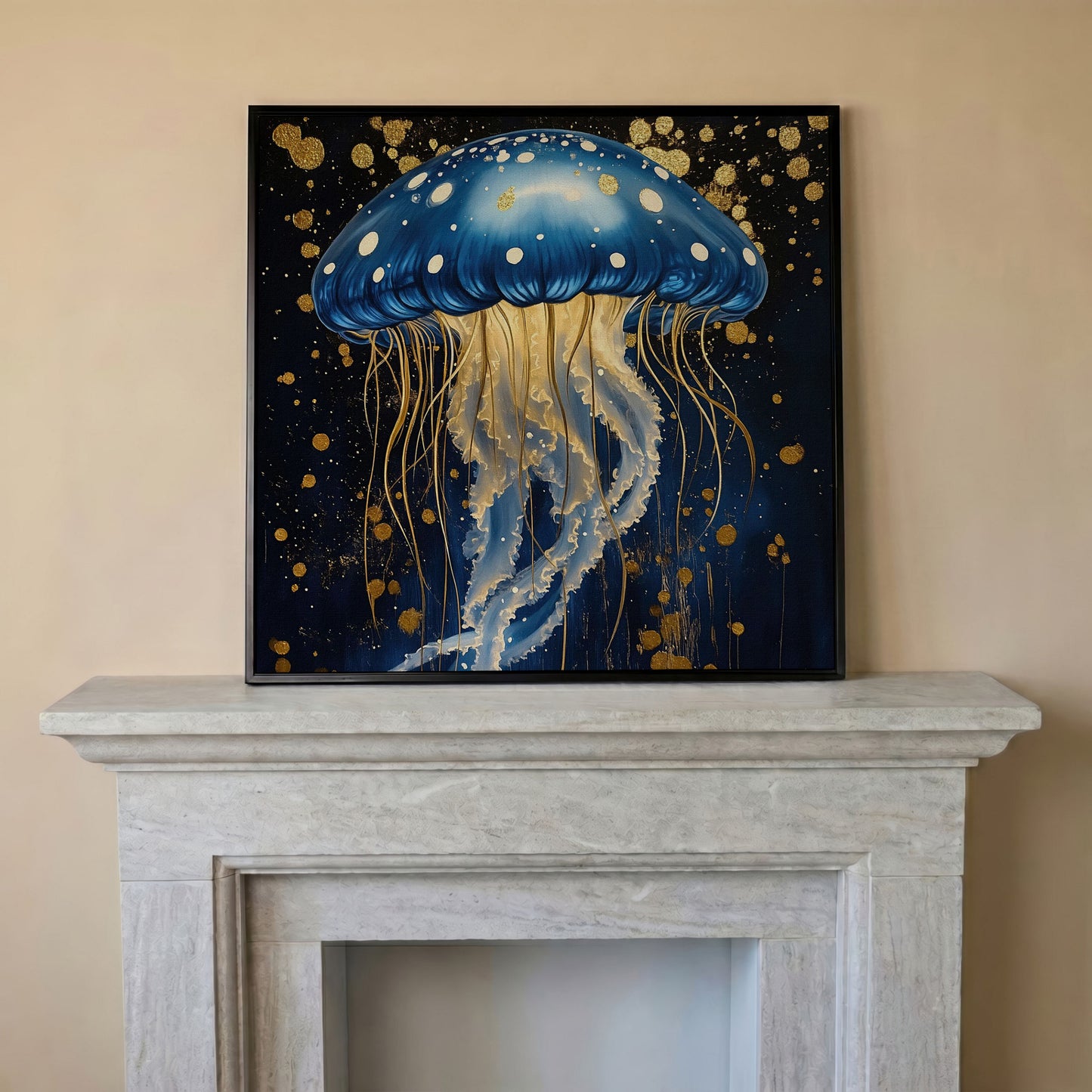 Blue and Gold Jellyfish Canvas in black floating frame