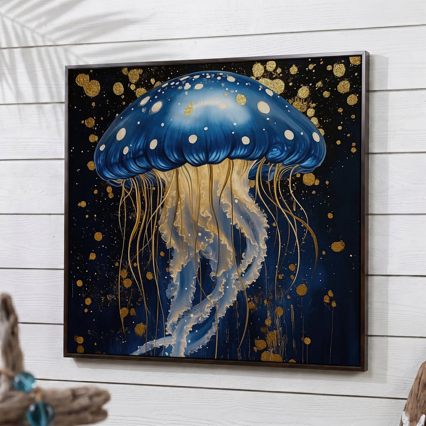 Blue and Gold Jellyfish Canvas in dark walnut floating frame