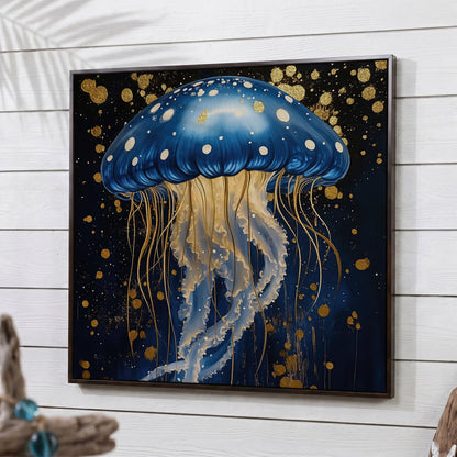 Blue and Gold Jellyfish Canvas in dark walnut floating frame