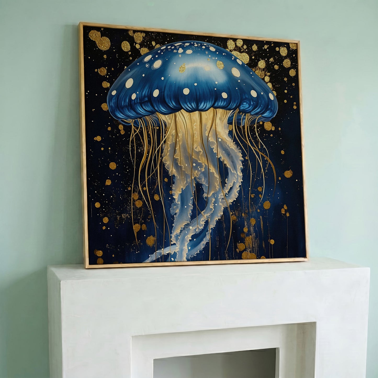 Blue and Gold Jellyfish Canvas in white oak floating frame