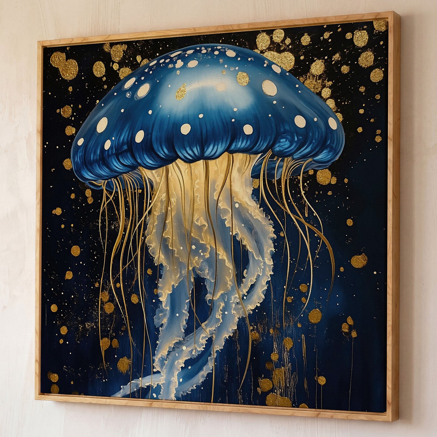 Blue and Gold Jellyfish Canvas shown in white oak floating frame
