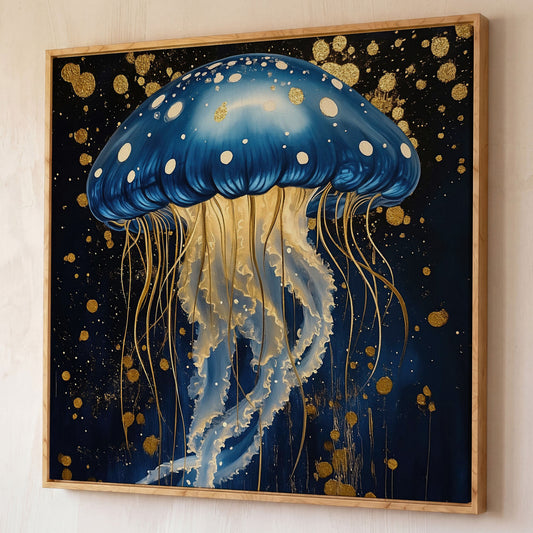 Blue and Gold Jellyfish Canvas shown in white oak floating frame