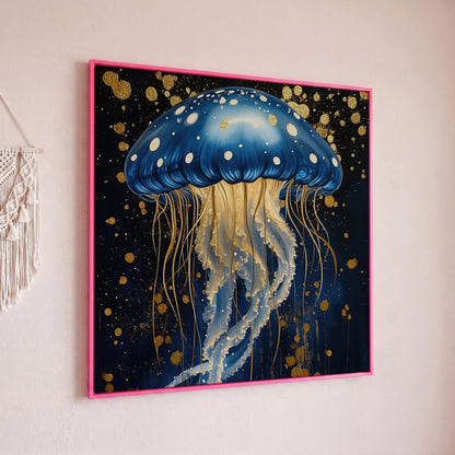 Blue and Gold Jellyfish Canvas in pink floating frame