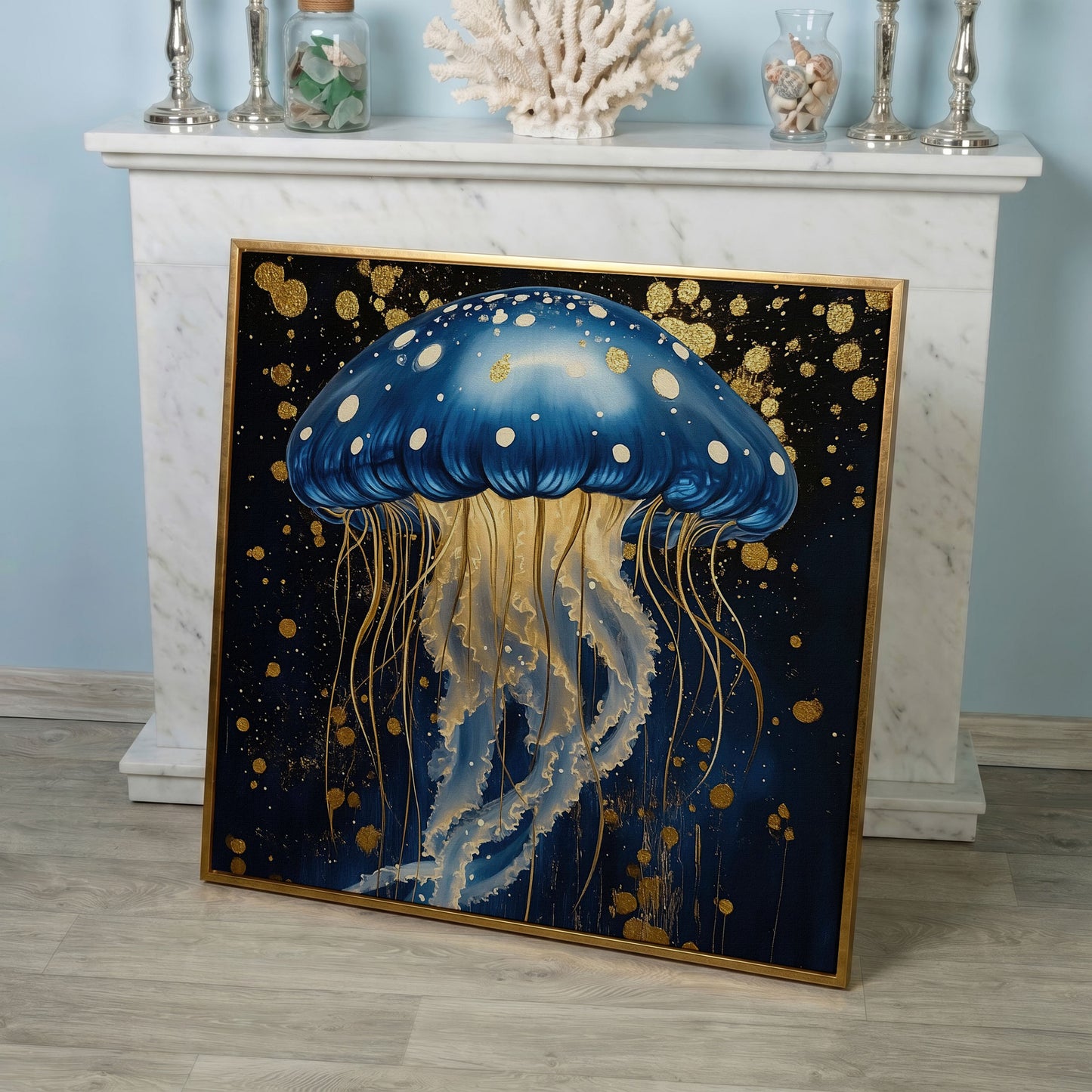 Blue and Gold Jellyfish Canvas in rose gold floating frame
