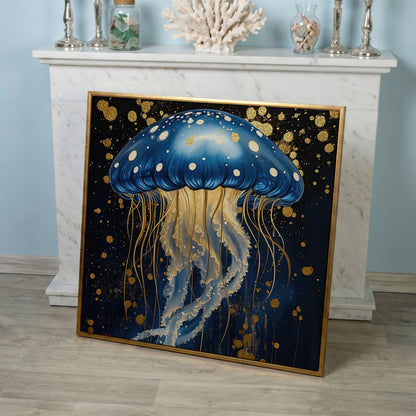 Blue and Gold Jellyfish Canvas in rose gold floating frame