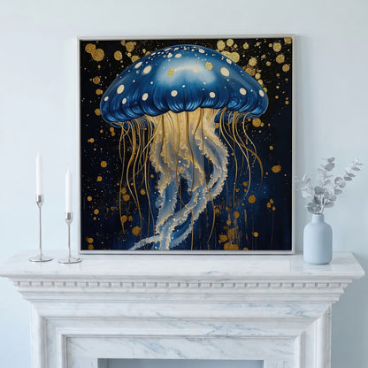 Blue and Gold Jellyfish Canvas in silver floating frame