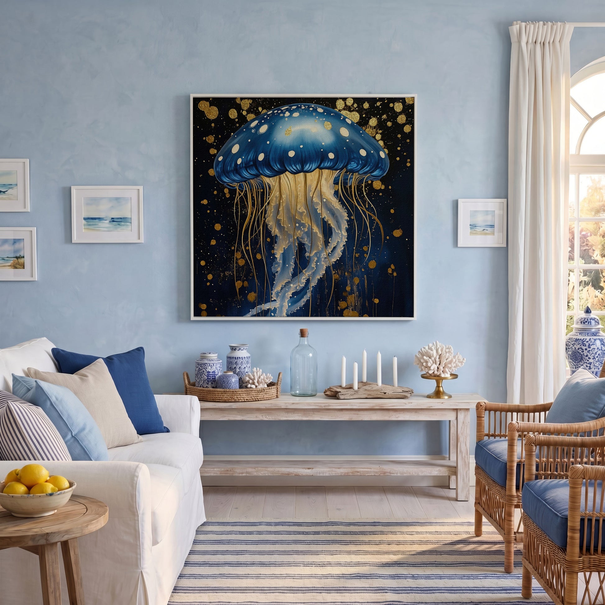 Blue and Gold Jellyfish Canvas in white floating frame