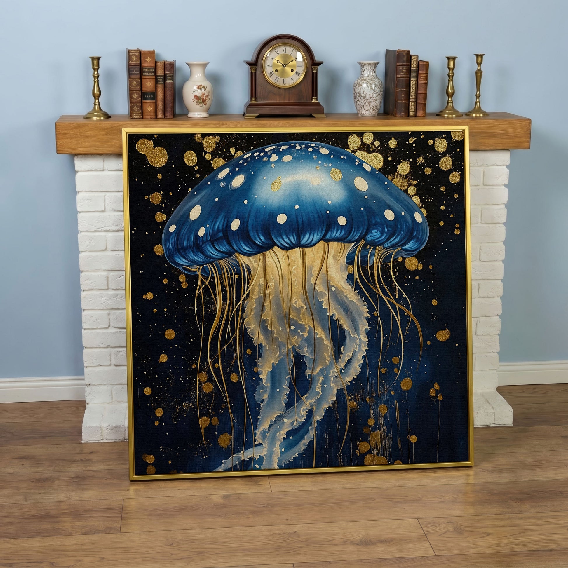 Blue and Gold Jellyfish Canvas in yellow gold floating frame