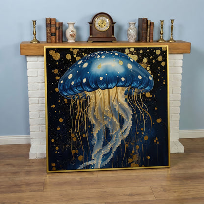 Blue and Gold Jellyfish Canvas in yellow gold floating frame
