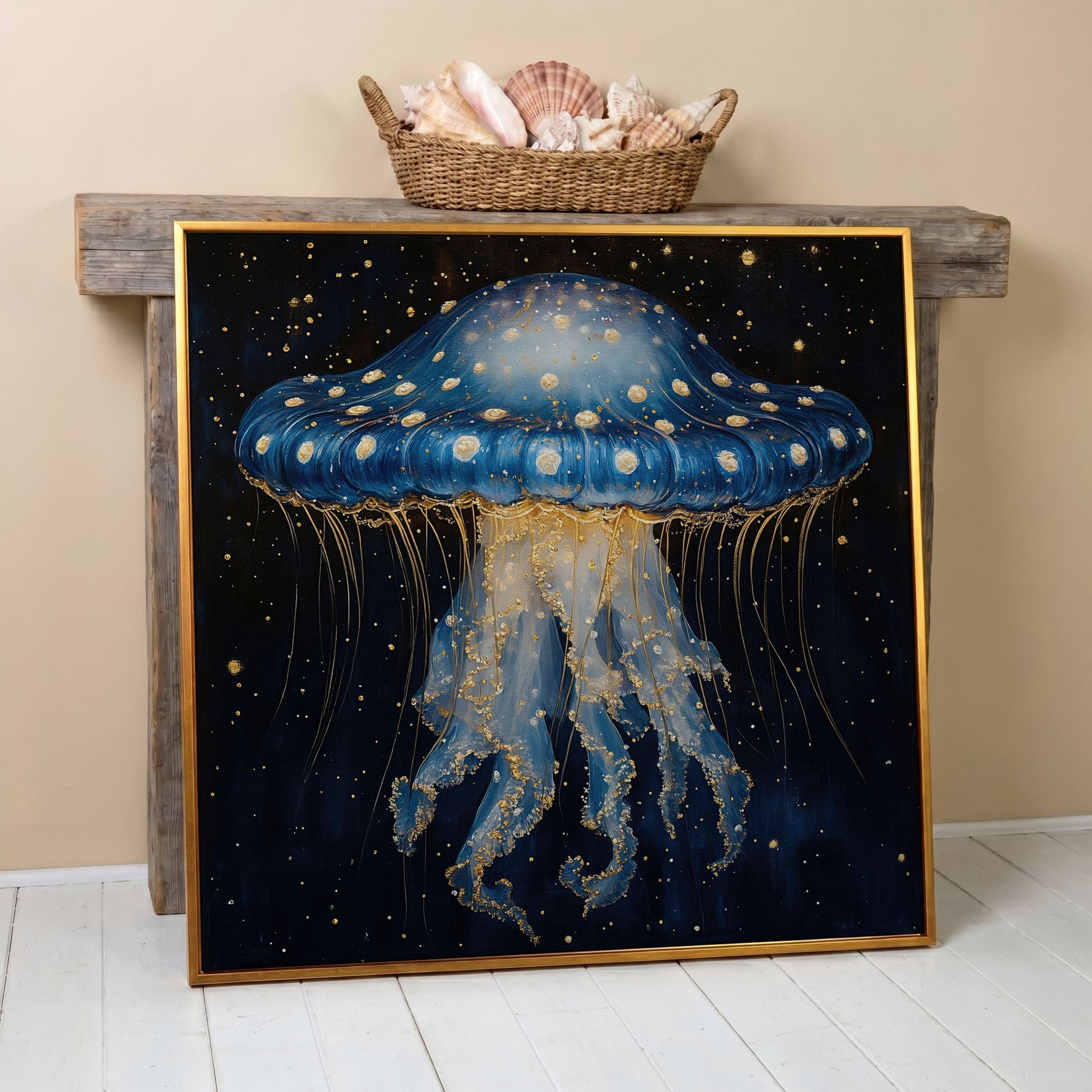 Abstract Jellyfish Canvas, Blue and Gold Ocean Art in antique gold floating frame