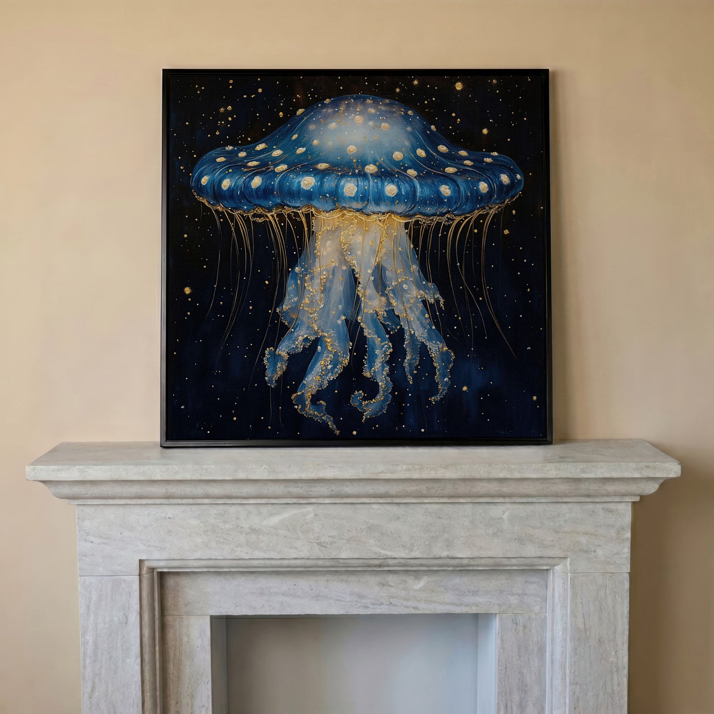 Abstract Jellyfish Canvas, Blue and Gold Ocean Art in black floating frame