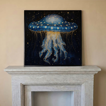 Abstract Jellyfish Canvas, Blue and Gold Ocean Art in black floating frame
