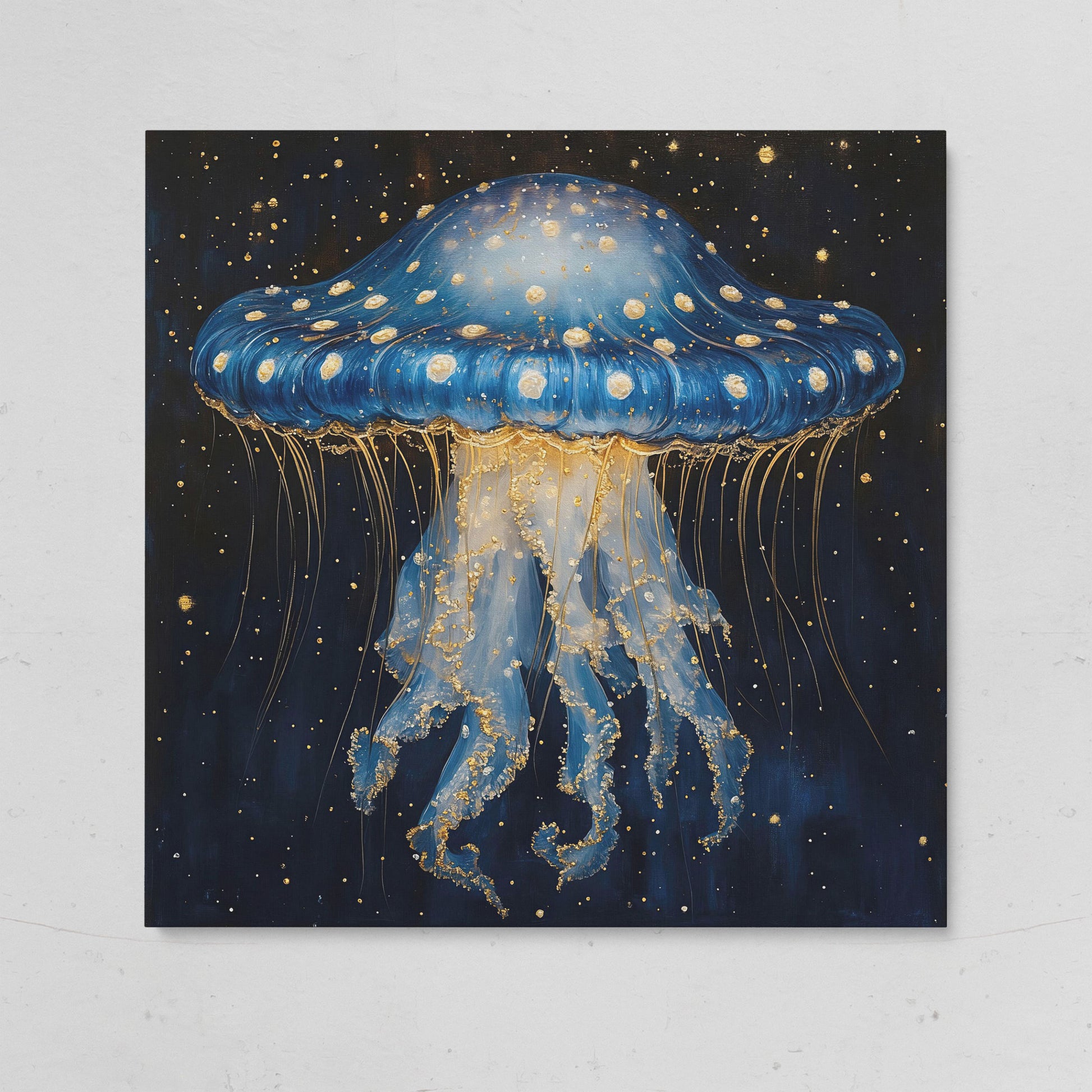 Abstract Jellyfish Canvas, Blue and Gold Ocean Art on gallery wrap
