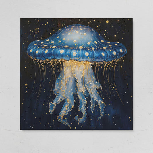 Abstract Jellyfish Canvas, Blue and Gold Ocean Art on gallery wrap
