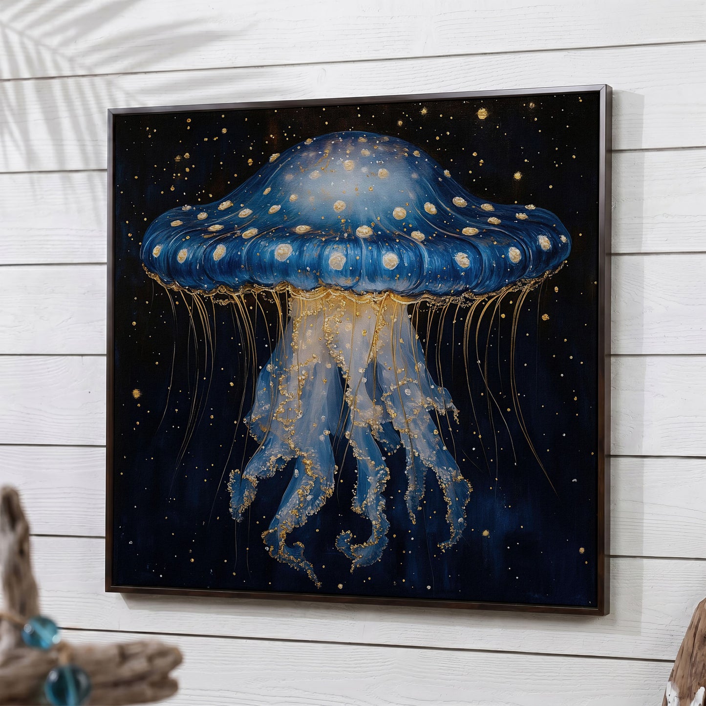 Abstract Jellyfish Canvas, Blue and Gold Ocean Art in dark walnut floating frame
