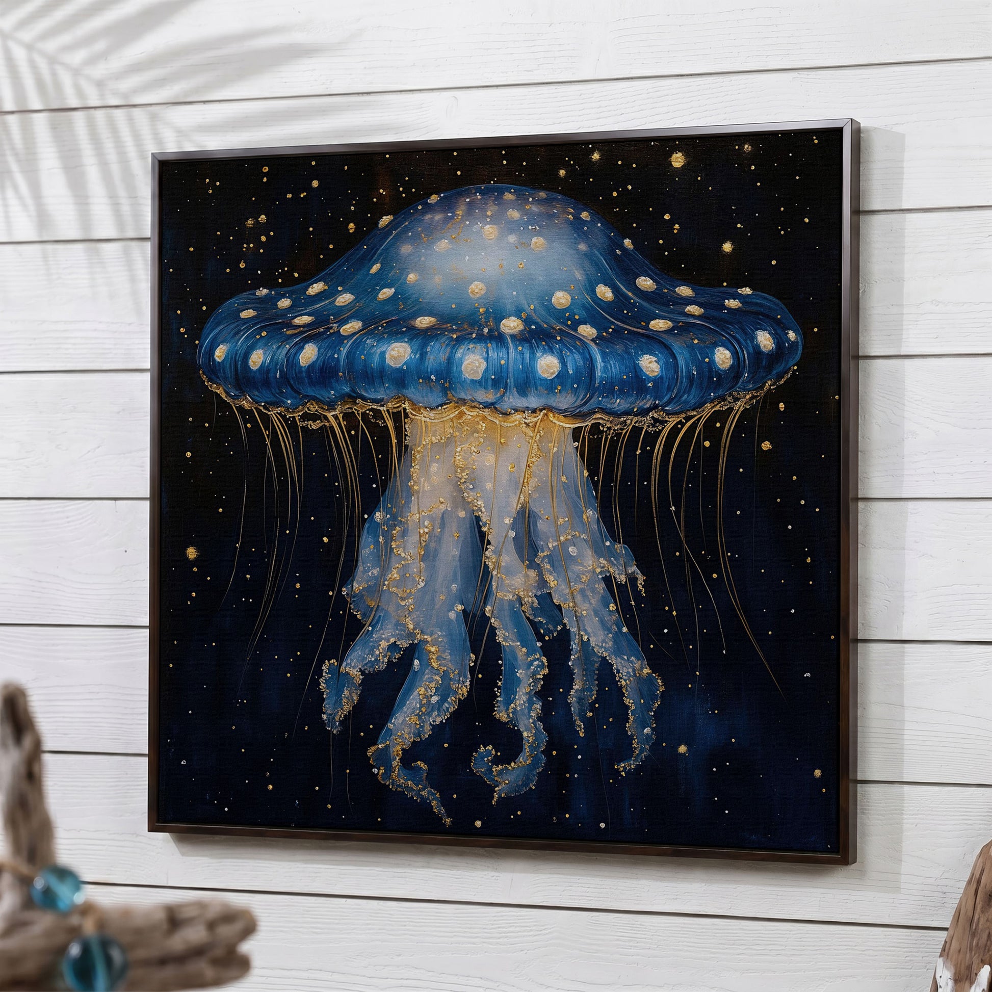 Abstract Jellyfish Canvas, Blue and Gold Ocean Art in dark walnut floating frame