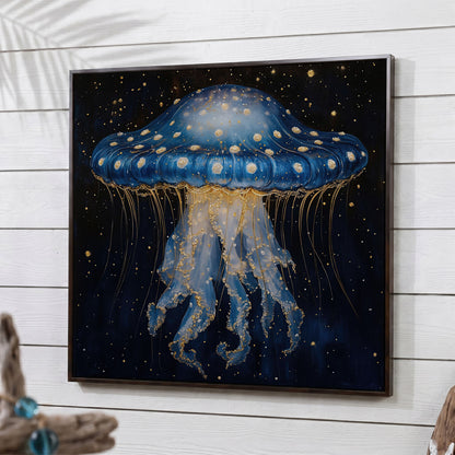 Abstract Jellyfish Canvas, Blue and Gold Ocean Art in dark walnut floating frame