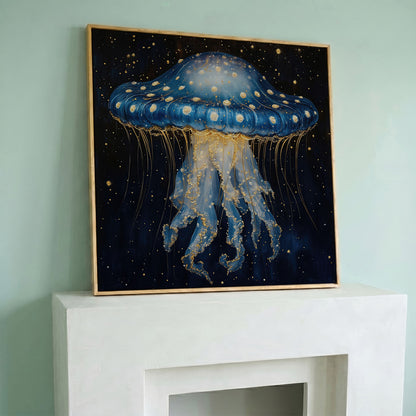 Abstract Jellyfish Canvas, Blue and Gold Ocean Art in white oak floating frame