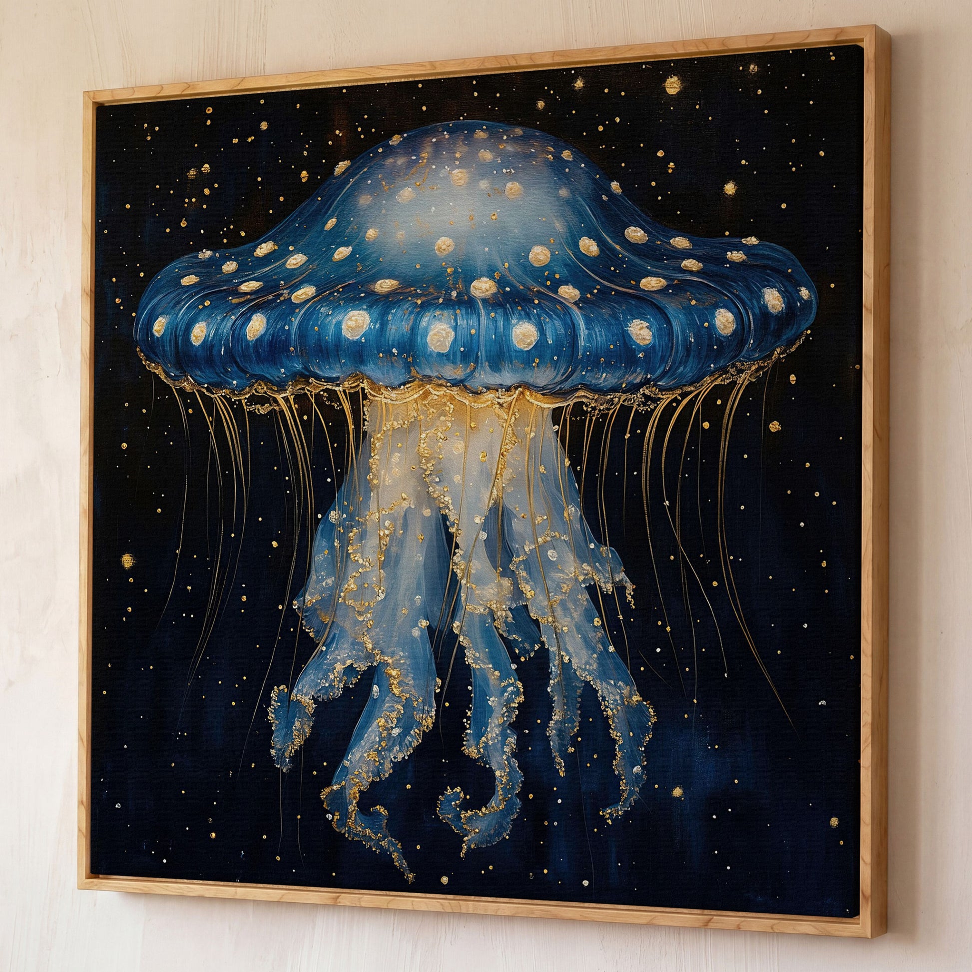 Abstract Jellyfish Canvas, Blue and Gold Ocean Art shown in white oak floating frame