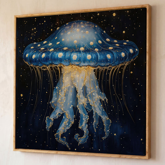 Abstract Jellyfish Canvas, Blue and Gold Ocean Art shown in white oak floating frame