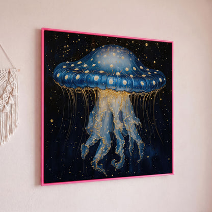 Abstract Jellyfish Canvas, Blue and Gold Ocean Art in pink floating frame