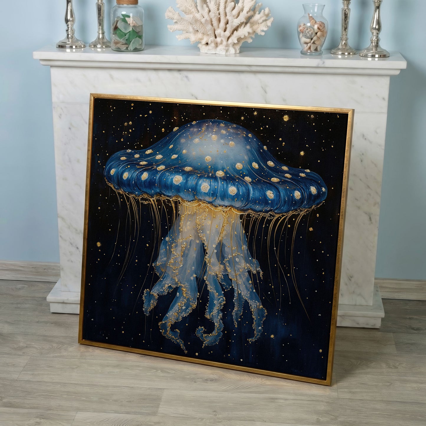 Abstract Jellyfish Canvas, Blue and Gold Ocean Art in rose gold floating frame