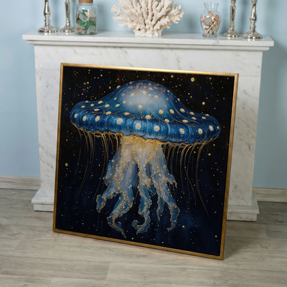 Abstract Jellyfish Canvas, Blue and Gold Ocean Art in rose gold floating frame