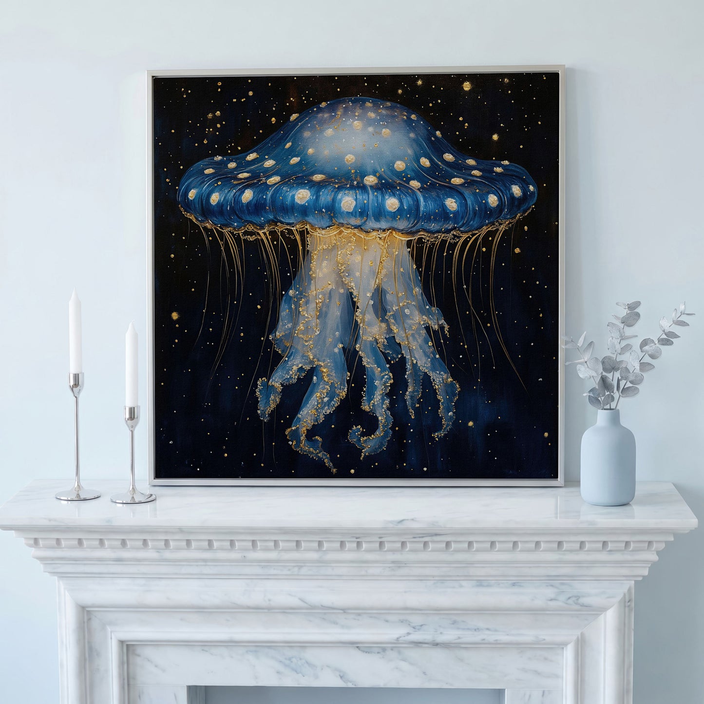 Abstract Jellyfish Canvas, Blue and Gold Ocean Art in silver floating frame