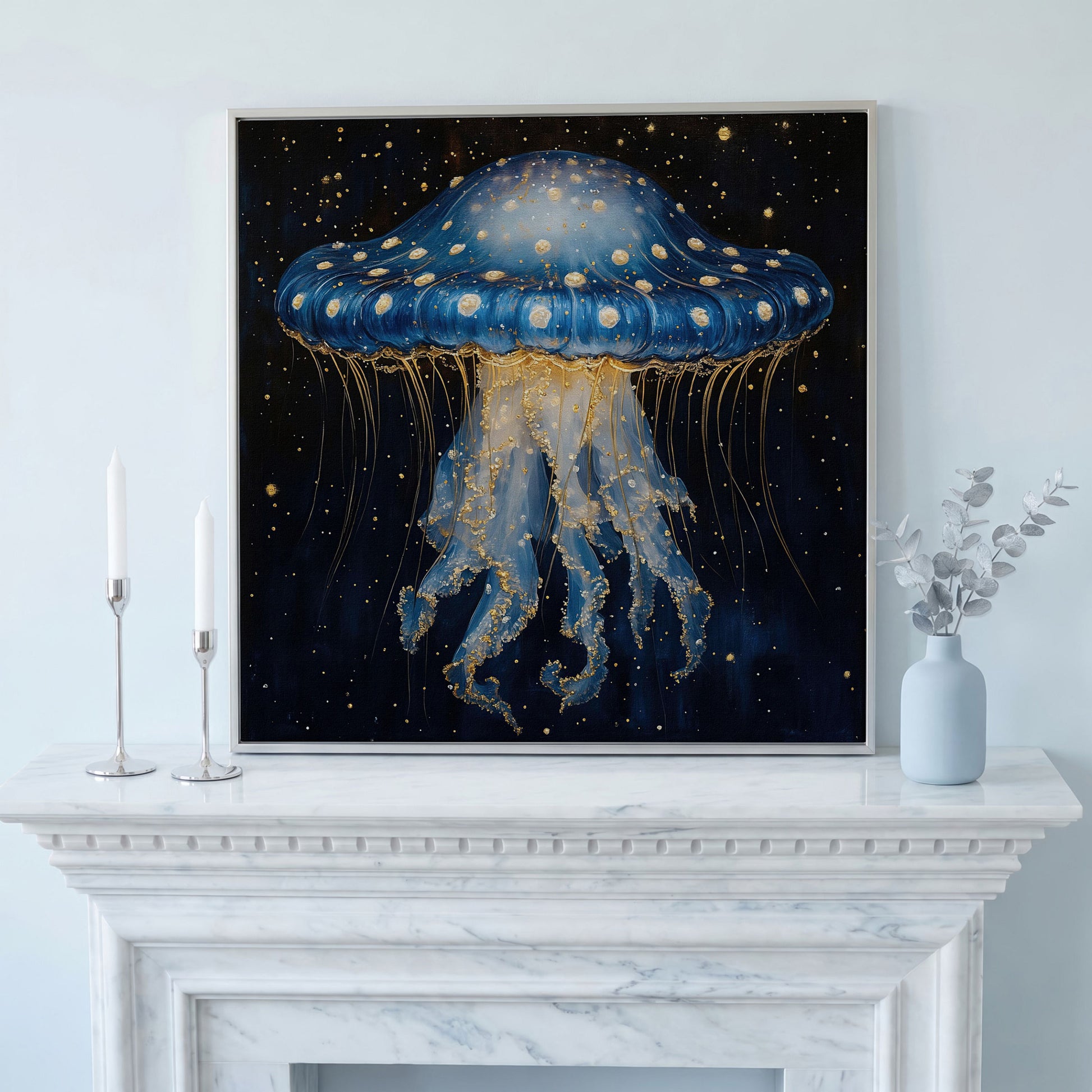 Abstract Jellyfish Canvas, Blue and Gold Ocean Art in silver floating frame