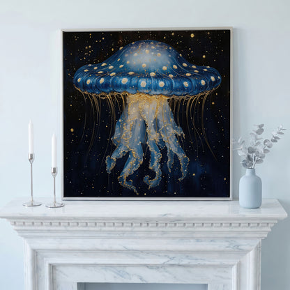 Abstract Jellyfish Canvas, Blue and Gold Ocean Art in silver floating frame
