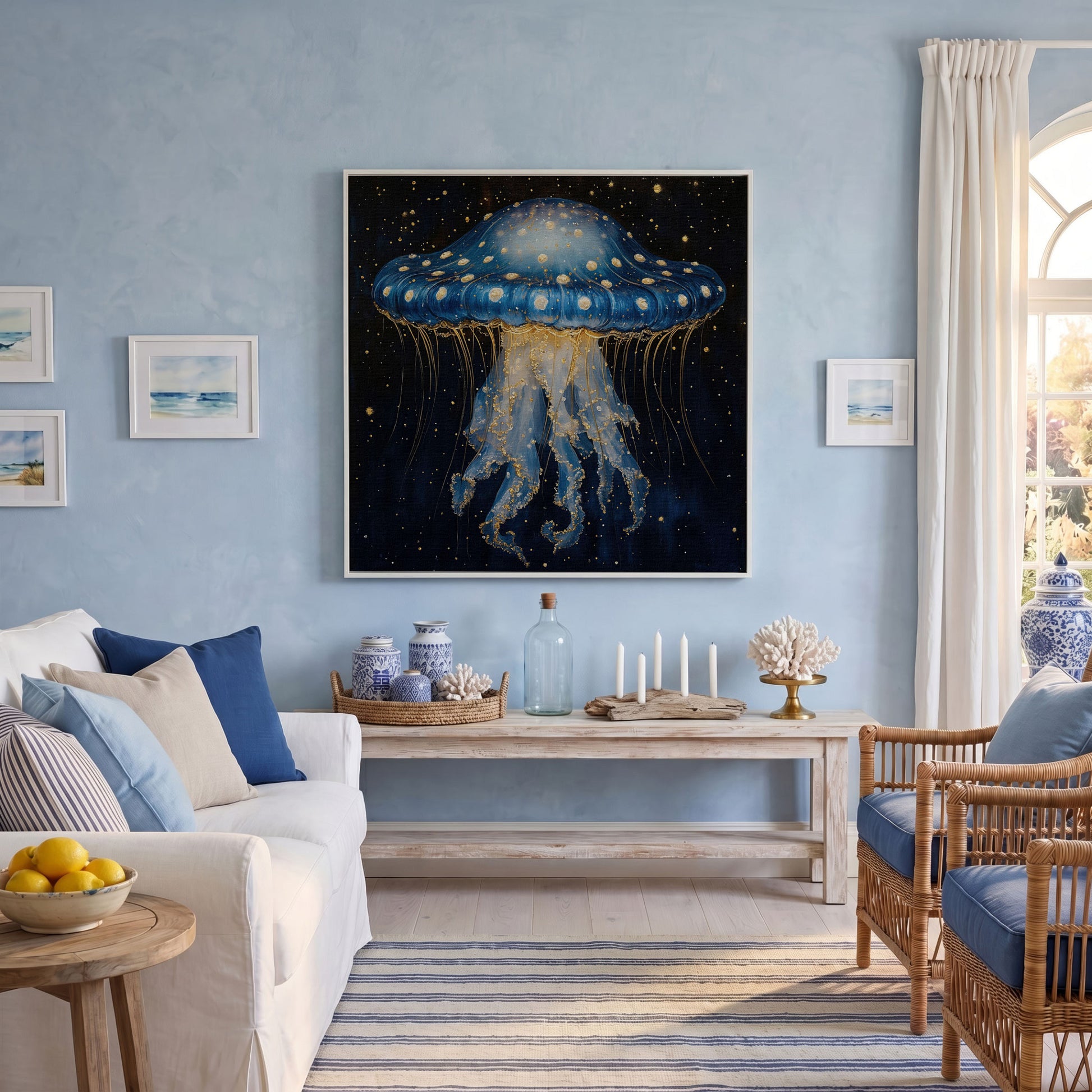 Abstract Jellyfish Canvas, Blue and Gold Ocean Art in white floating frame