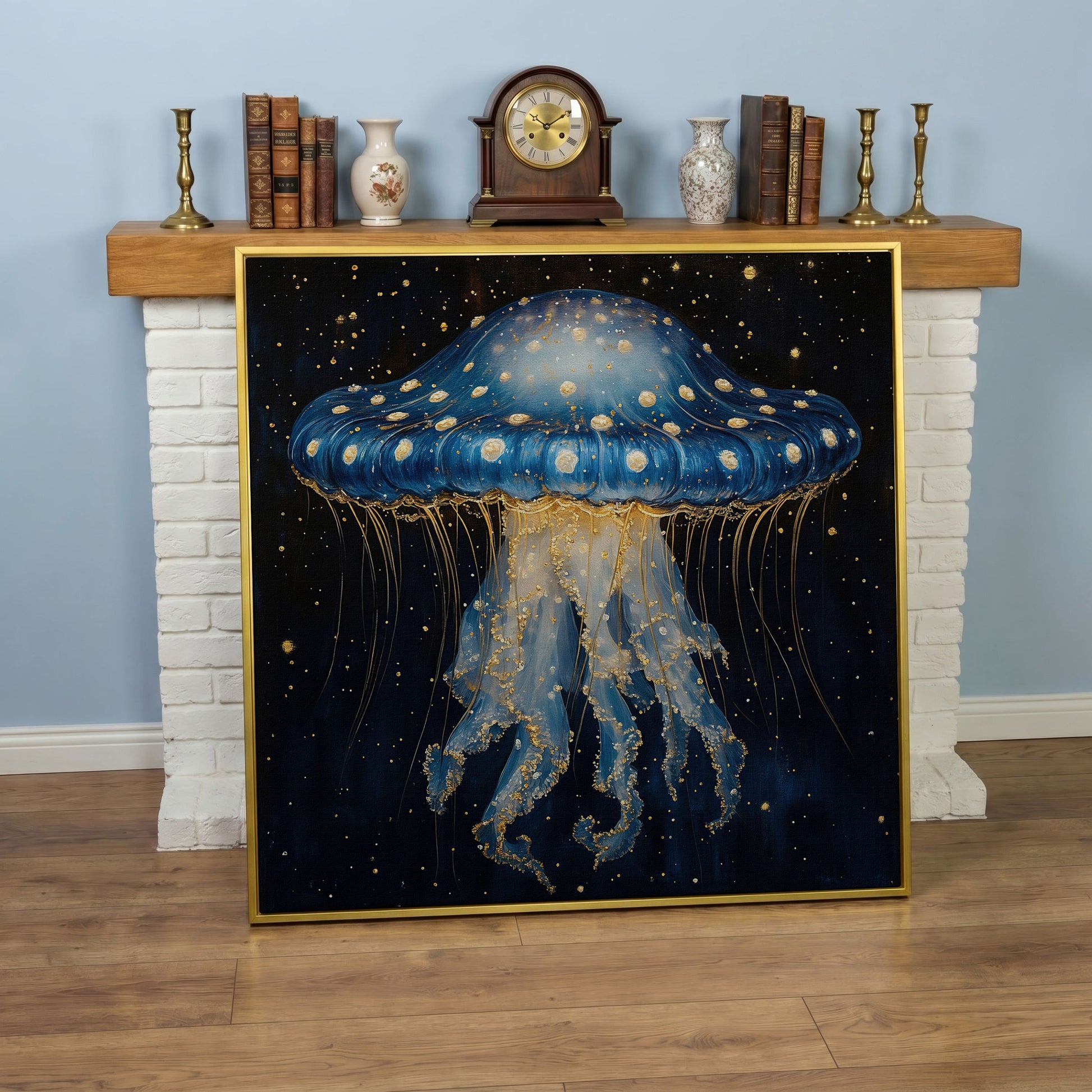 Abstract Jellyfish Canvas, Blue and Gold Ocean Art in yellow gold floating frame