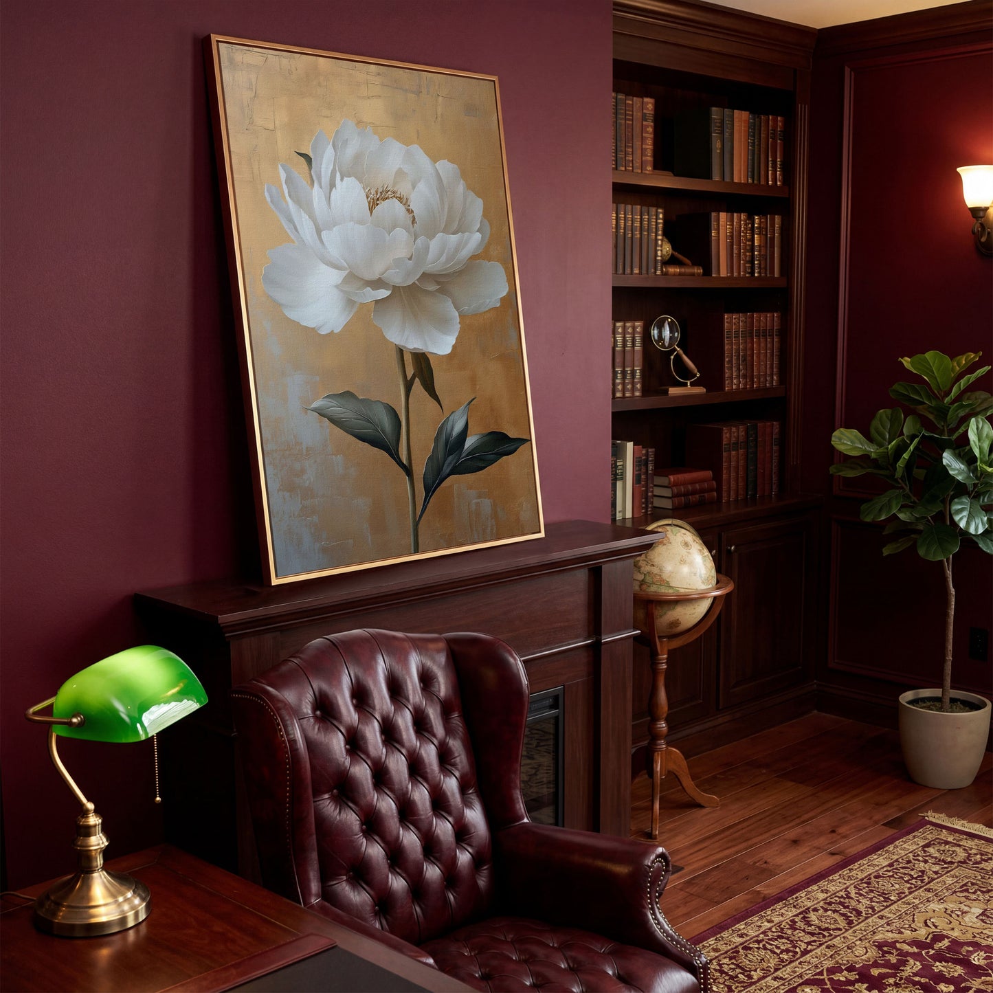 White Peony on Gold Canvas Print in antique gold floating frame