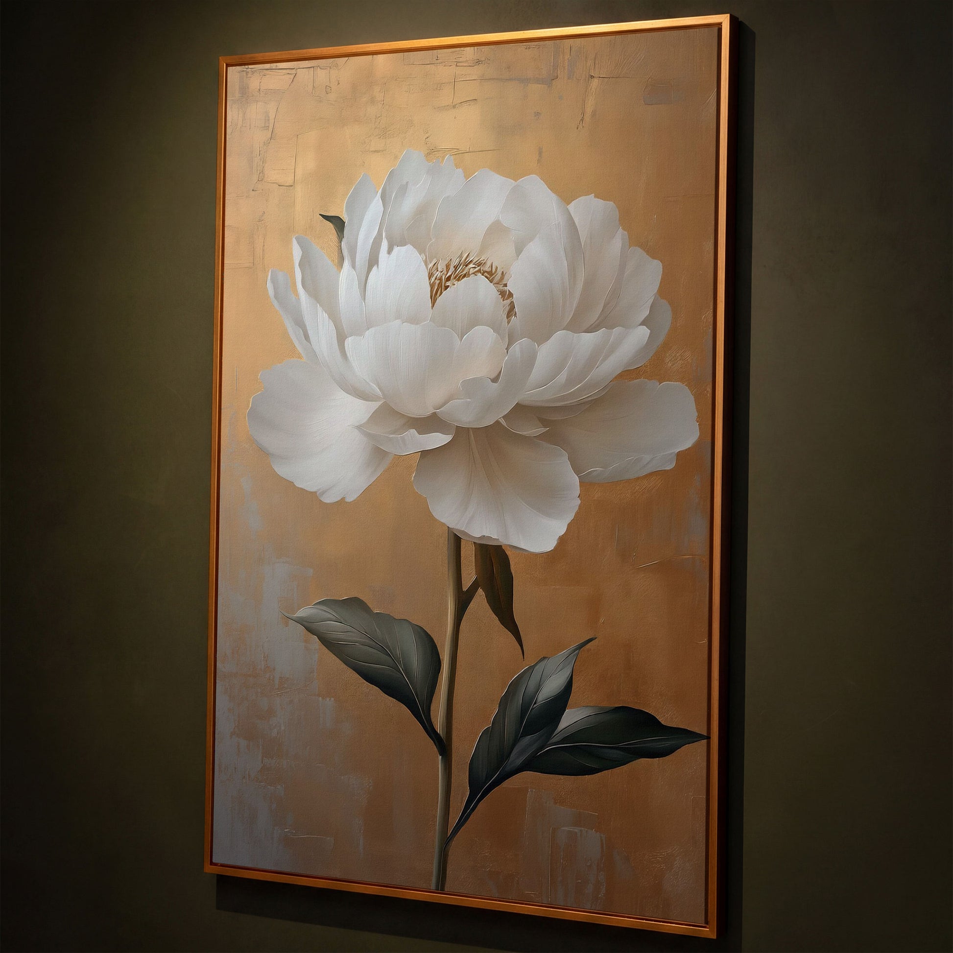 White Peony on Gold Canvas Print shown in antique gold floating frame