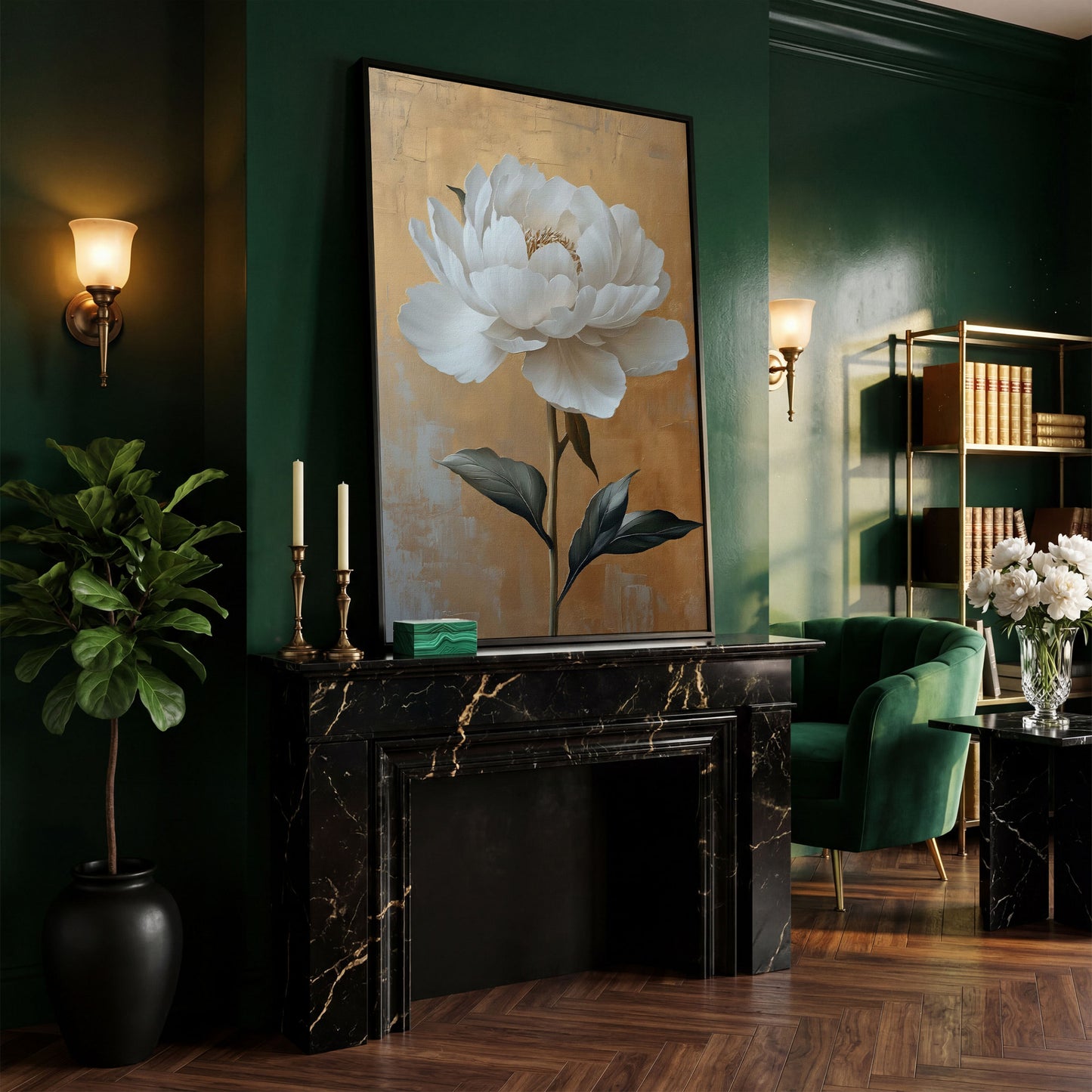 White Peony on Gold Canvas Print in black floating frame