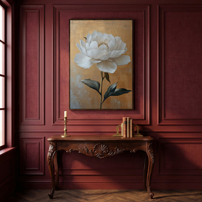 White Peony on Gold Canvas Print in dark walnut floating frame