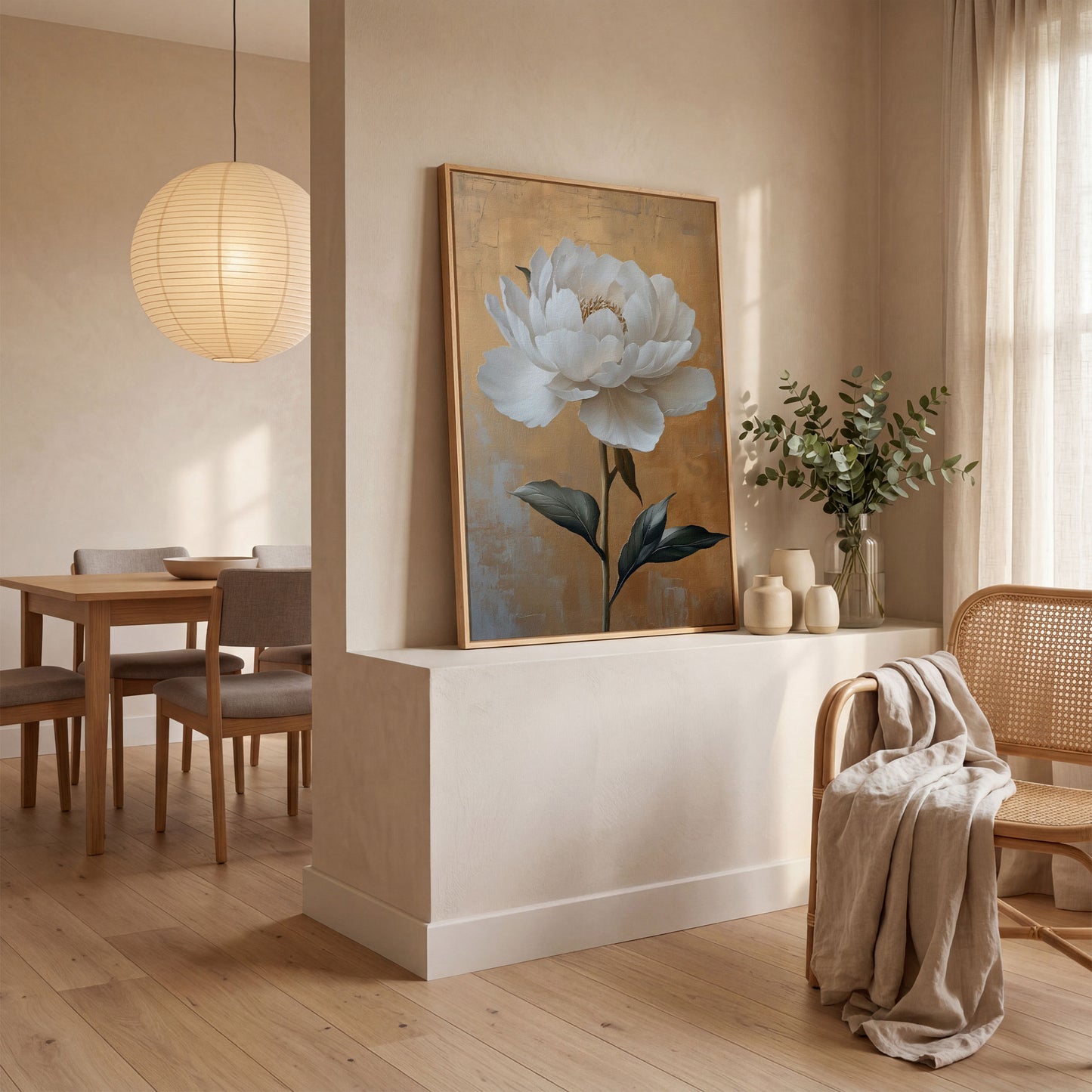 White Peony on Gold Canvas Print in white oak floating frame