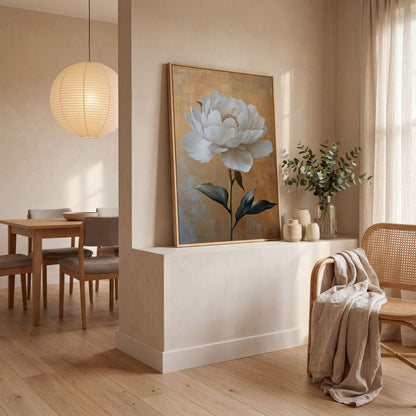 White Peony on Gold Canvas Print in white oak floating frame