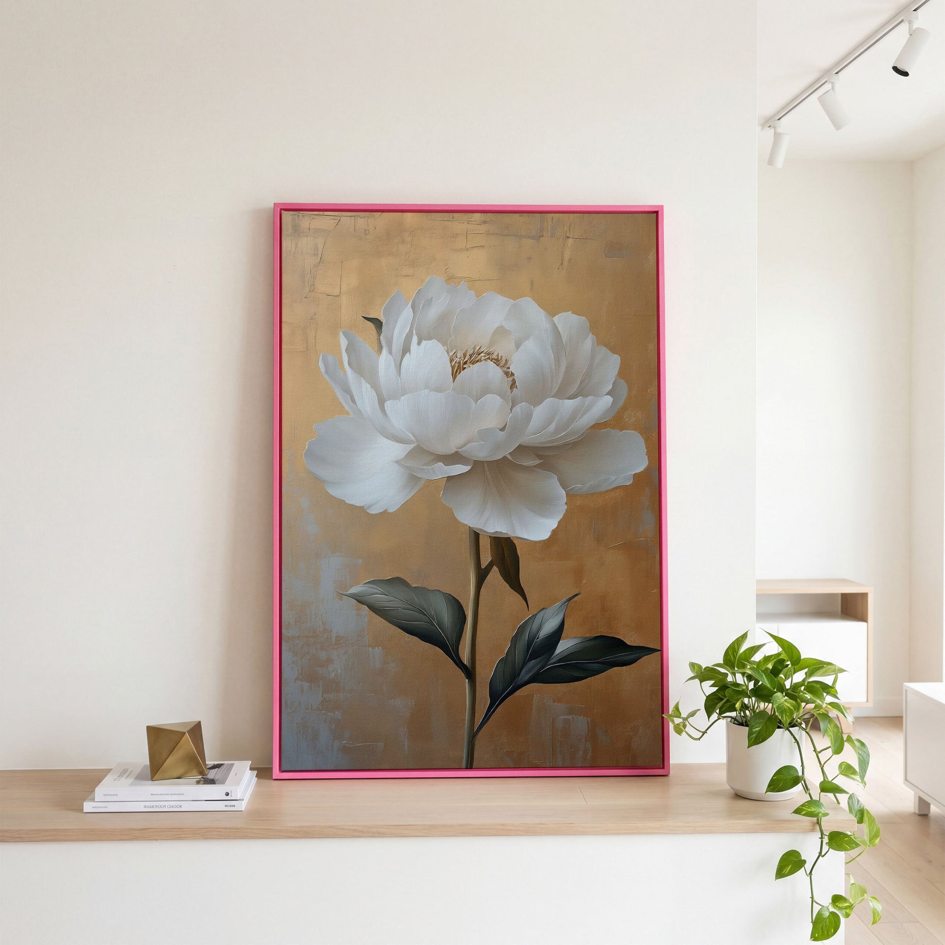 White Peony on Gold Canvas Print in pink floating frame