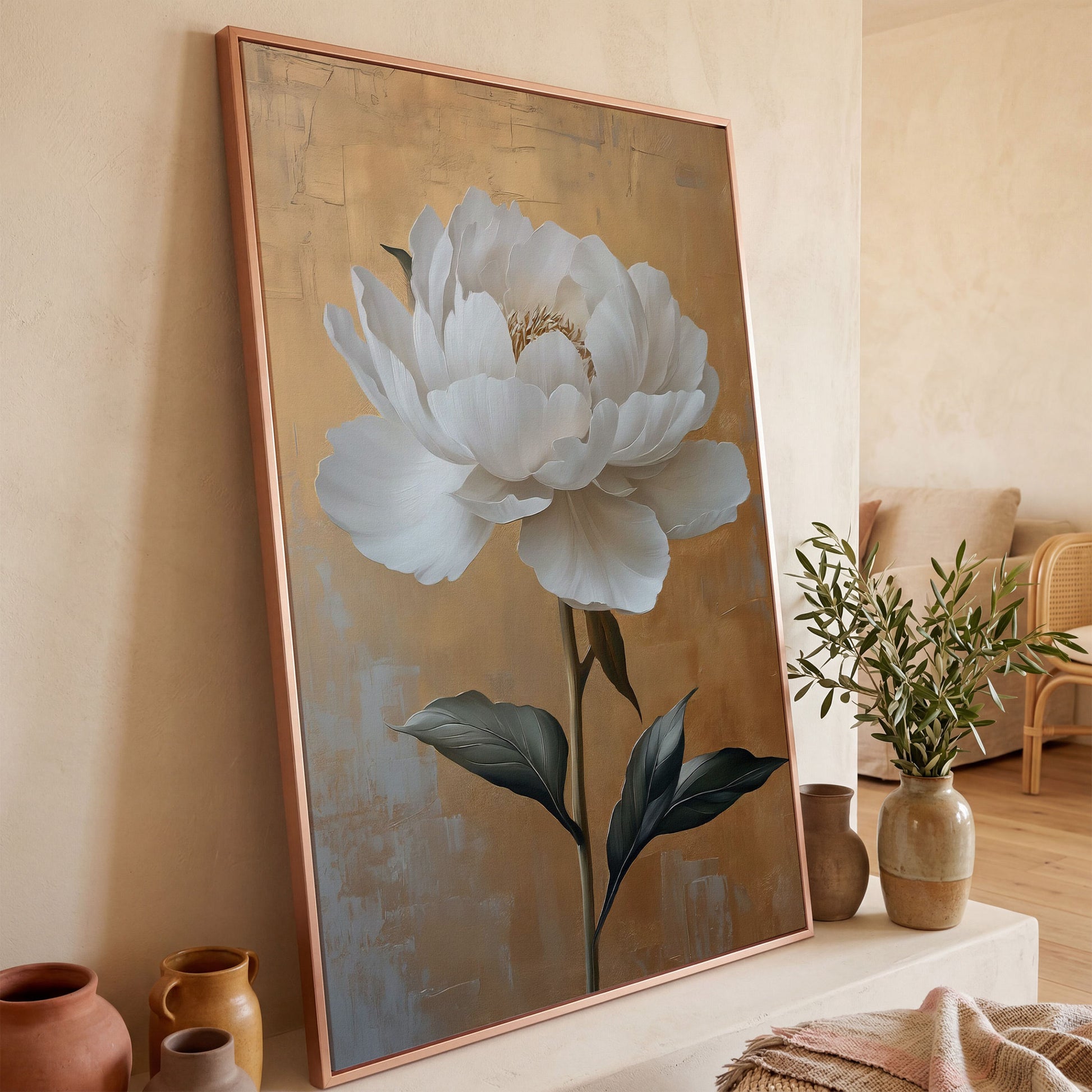 White Peony on Gold Canvas Print in rose gold floating frame