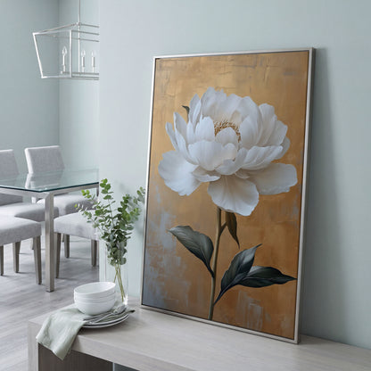 White Peony on Gold Canvas Print in silver floating frame